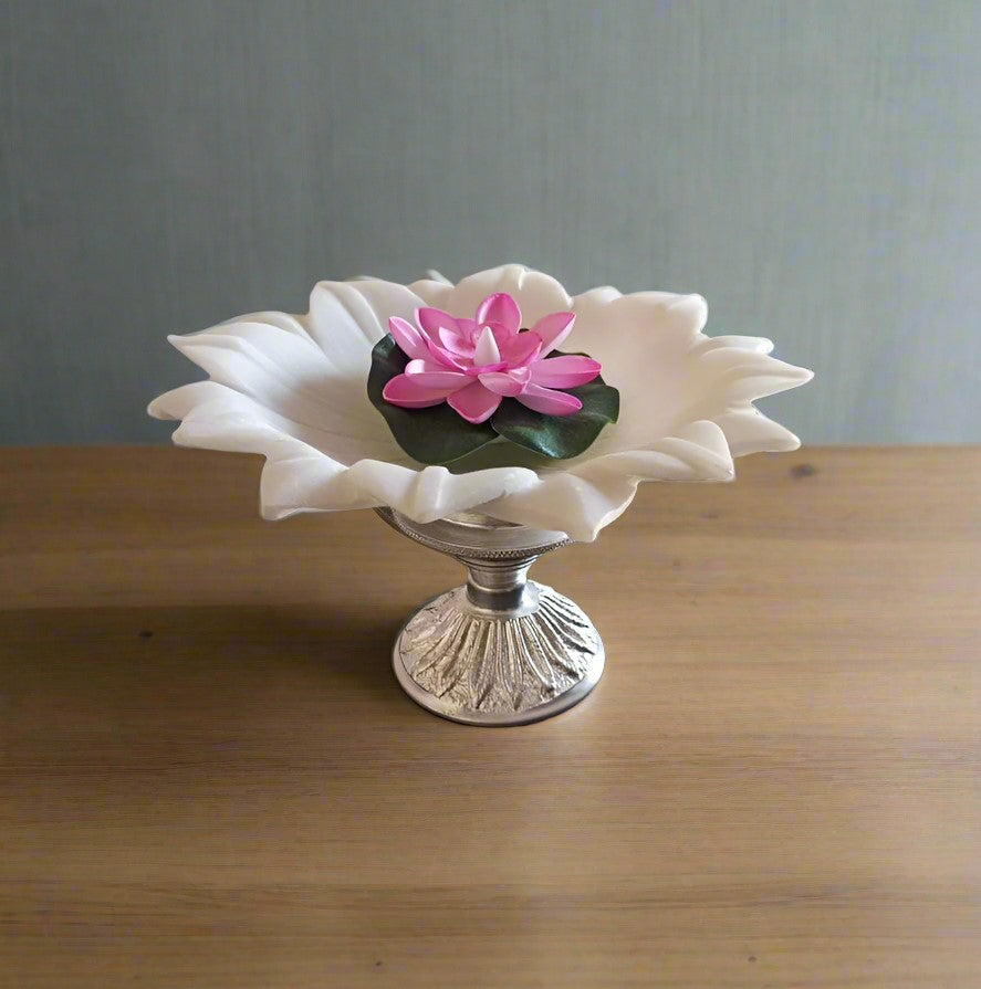 white lotus marble fruit bowl/snacks platter/home décor urli bowl with silver metal stand, 9"